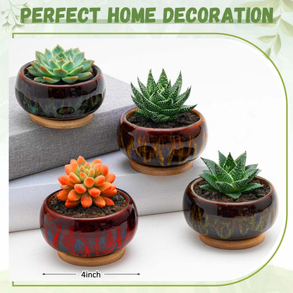Acellegic 5 Pcs 7.3'' and 4'' Round Large Shallow Succulent Ceramic Planter Pots with Drainage Hole Drip Glazed Shallow Bonsai Pot with Bamboo Tray for Indoor Outdoor Plants Decor Cactus Flower