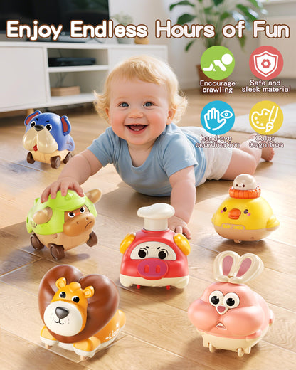 STACTCUTE 6pcs Press and Go Animal Toy Cars for Toddlers 1-3, Baby Push Go Battery-Free Long-Distance Friction Powered Vehicles for 6-12-18 Months, 1st Birthday Gifts for Boys & Girls
