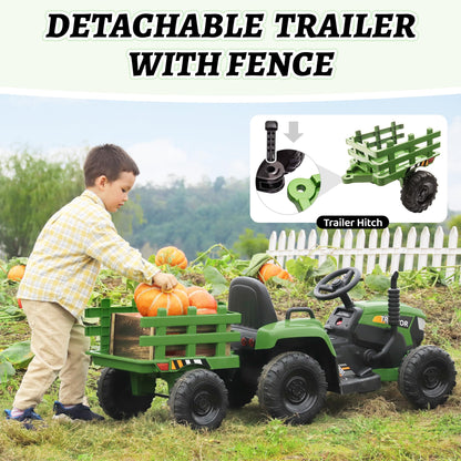 TOBBI Kids Electric Ride On Toy Tractor, Toddlers 12V Battery-Powered Car to Drive, 35W Dual Motor 6-Wheels Trailer Vehicle with 3-Speeds/LED & Horn Functions for Chirdren Aged 3-6-Dark Green