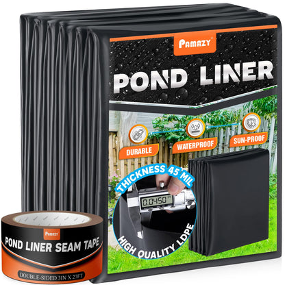 PAMAZY [Premium] 45 Mil LDPE Pond Liner with Seam Tape, 19.7 * 26.2FT Pond Lining for Fish Pond, Performed Garden Ponds, Large Pond Liner for Fishpond, Koi Pond, Waterfall, Streams