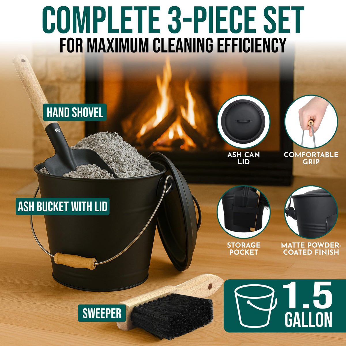 Smedley & York Mini Ash Bucket with Lid, Includes Fireplace Tools, Pail, Shovel and Broom, 1.5 Gallon Charcoal Metal Bucket with Lid, Coal Bucket and Ash Can, Galvanized Iron Ash Bucket for Fireplace