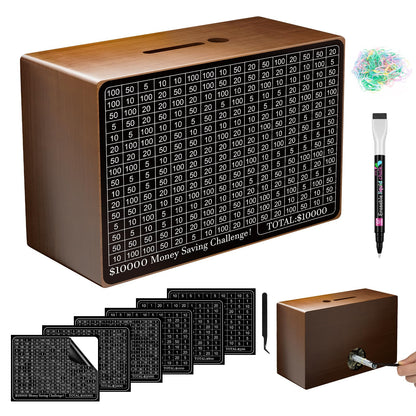 Wooden Money Saving Box, Cash Vault Savings Box for $10000 $5000 $3000 $1000 $800 $500 Target Money Saving Challenge, Reusable Money Box with Counter, Dry Erase Pen/Savings Trackers/Rubber Band-Brown