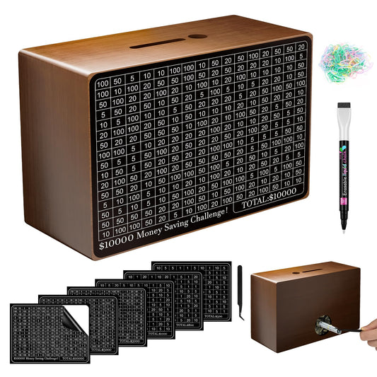 Wooden Money Saving Box, Cash Vault Savings Box for $10000 $5000 $3000 $1000 $800 $500 Target Money Saving Challenge, Reusable Money Box with Counter, Dry Erase Pen/Savings Trackers/Rubber Band-Brown