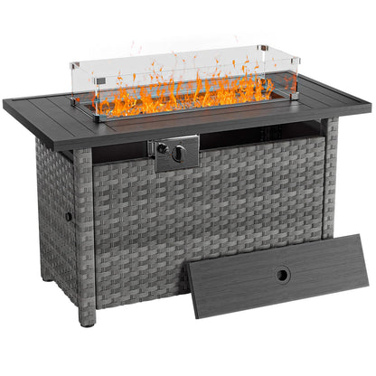 44" Fire Pit Table with Wind Guard for Outdoor, Auto-Ignition Propane Gas Firepits Rattan Rectangular Table for Outside Patio 60,000 BTU, Gray