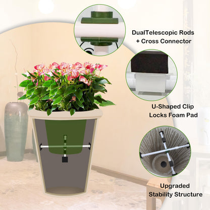 SENWELL-KA Adjustable Planter Inserts with Dual Telescopic Rods & Cross Connector, Upgraded Adjustable Plant Stand Insert with U-Shaped Clips, Heavy-Duty Plant Lifters for Inside Pots(2, White)