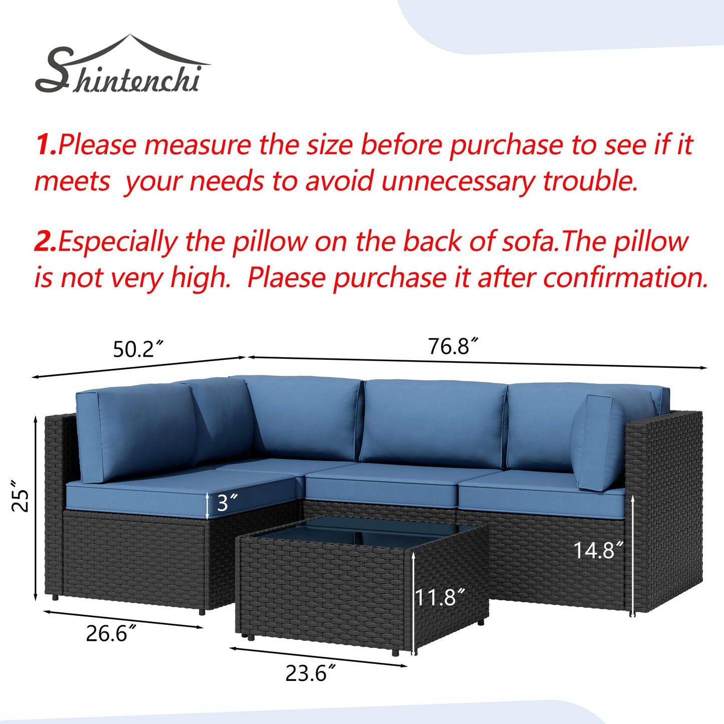 Shintenchi 5 Pieces Outdoor Patio Sectional Sofa Couch, PE Wicker Furniture Sets, Patio Conversation Sets with Washable Cushions Glass Coffee Table for Garden, Poolside, Backyard, Aegean Blue