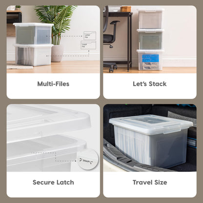 IRIS USA File Box, Plastic File Boxes With Lids, Document Organizer for Letter/Legal File, Document Box, Storage Bin For Hanging Files, Secure Latching Lid Stackable BPA-Free, Clear 35 Qt. 1 Pack