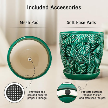 LITUDISO Ceramic Plant Pots, 6 Inch Indoor Plant pots with Drainage Hole and Saucer, Flower Pots, Leaf Embossed - Green Glaze, Set of 2
