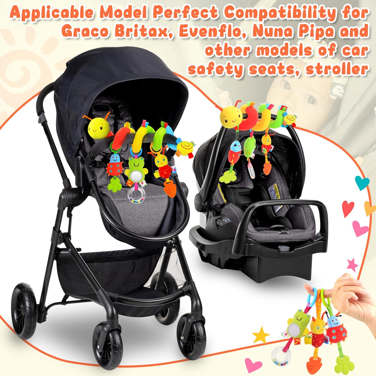 Zendstanding Spiral Car Seat Toys for Infants, 0-6 Months Carseat & Stroller Pram Separable Activity Hanging Toys with Rattle, Teethers, Newborn Soft Plush Travel Toy for Boys Girls Essentials Gifts