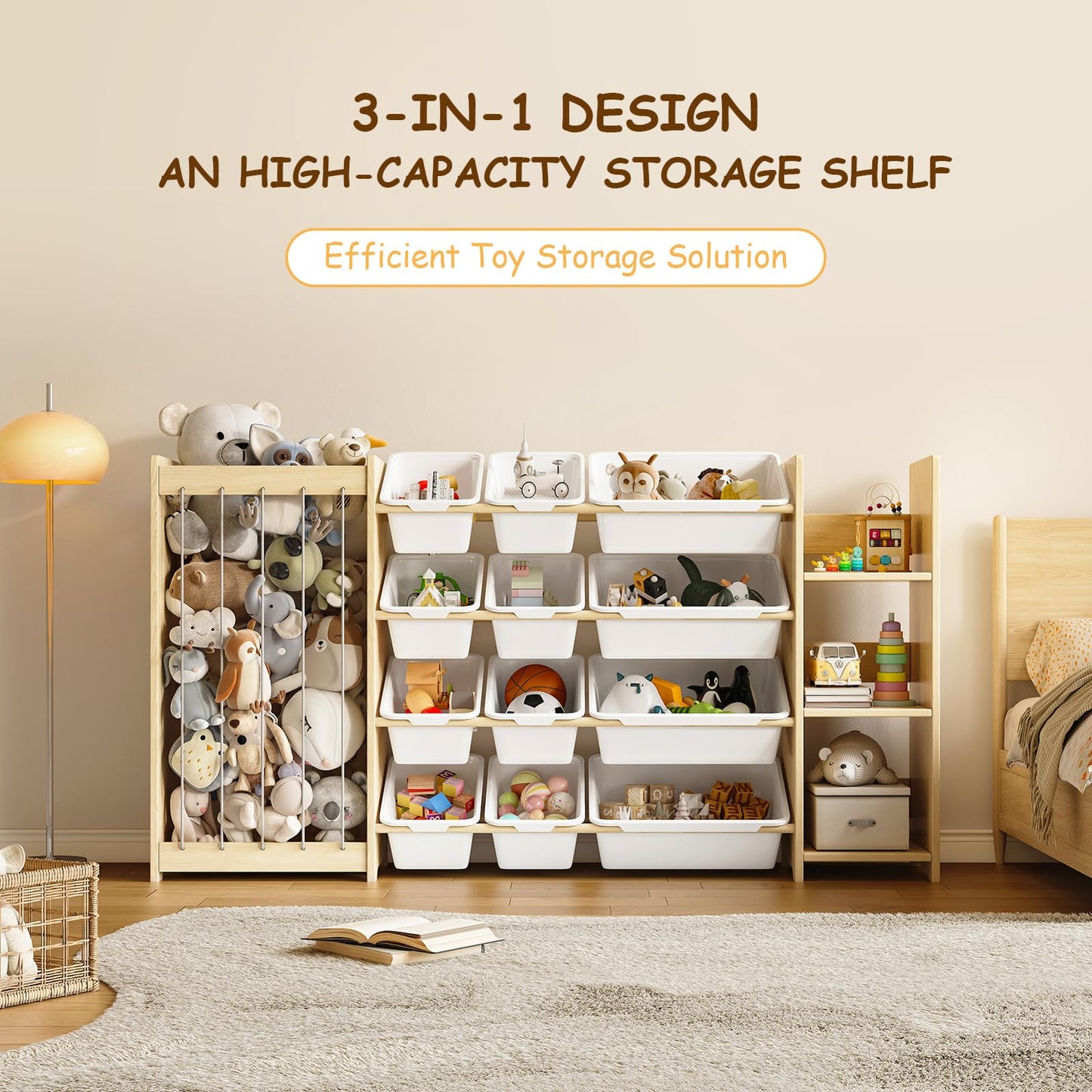 EXPERLAM 3-in-1 Toy Storage Organizer, Stuffed Animal Holder & 3-Tier Bookcase, Solid Wood Toy Organizer with 12 Storage Bins, Space-Saving Toy & Book Shelf for Kids Rooms, Bedroom, Playroom, White