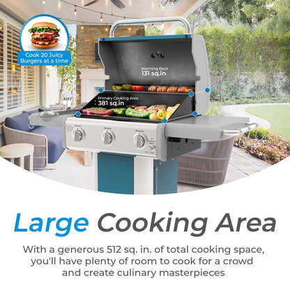 Kenmore 3-Burner Propane BBQ Grill, 30,000 BTUs Gas Grill with Cast Iron Cooking Grates, Folding Side Tables & Wheels, Outdoor Grill with Tool Hooks, Teal