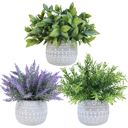 Winlyn Faux Potted Plants Set of 3 – Artificial Lavender Flower, Rosemary, Boxwood in Gray Geometric Concrete Pots for Wedding Home Living Room Table Centerpiece Windowsill Shelf French Boho Décor