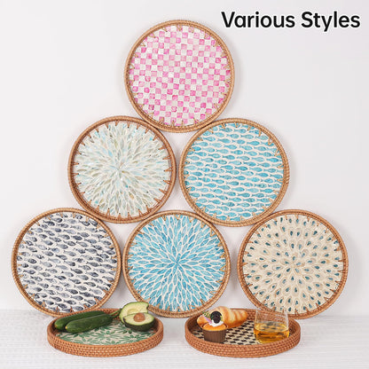 Tynulox Round Rattan Tray with Mother of Pearl Inlay, Rattan Serving Tray for Coffee, Bread, Fruits, Decorative Wicker Tray for Table Decor, Home Decor, Kitchen Island Decor(Pink Checkerboard, 11.8")