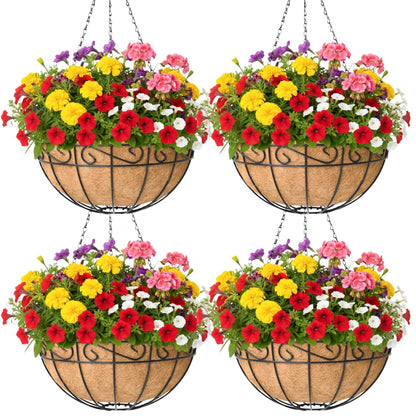 KIDYBELL 4 Pack 14 Inch Hanging Baskets for Plants Outdoor Metal Hanging Planter Basket with Coco Coir Liner Hanging Flower Pots Holder for Garden, Patio(Flower)