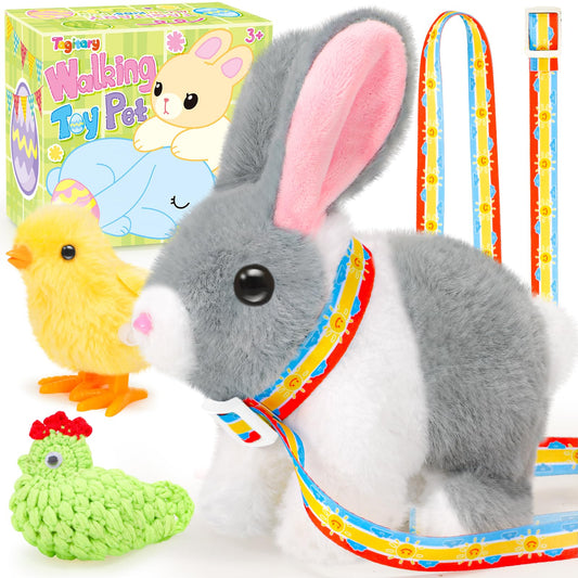 Tagitary Easter Plush Bunny Toy for Kids,Easter Interactive Realistic Bunny with Leash and Wind Up Toy,That Hopping,Ears Wiggling,Twitching Nose,Rabbit Toys Easter Basket Stuffers Gift for Toddlers