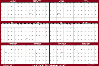 32" x 48" SwiftGlimpse 2026 Wall Calendar Erasable Jumbo XL Wet & Dry Erase Laminated 12 Month Annual Yearly Wall Planner, Reversible, Horizontal/Vertical, Maroon