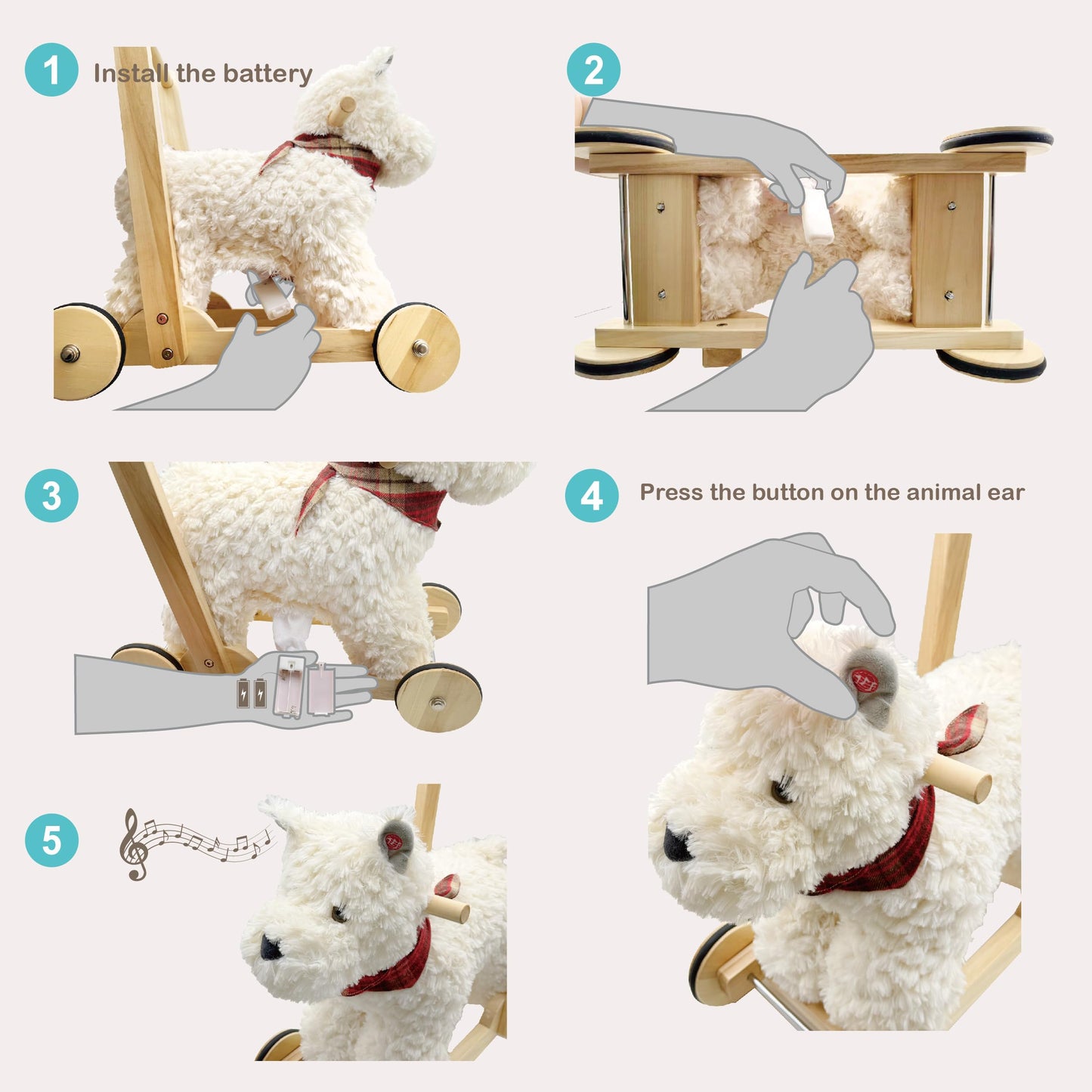 Rock My Baby Wooden Baby Walker, Baby Push Walker with Wheels for 12M+, Toddler Learning to Walk Toy with Sweet Music ＆ Animal Seat 2 in 1 Sit-to-Stand Walker Toy Gift for Boy Girl (Scottie Dog)