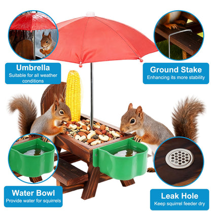 Vigormar Squirrel Feeders for Outside, Squirrel Picnic Table with Water Bowl, Corn Cob Holder and Umbrella, Squirrel Feeder with Ground Stake for Garden, Yard and Outdoor(Dark Brown)