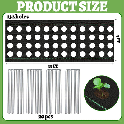 Garden Weed Barrier Landscape Fabric with 132 Planting Holes – 4ft x 33ft Woven Geotextile Fabric,Driveway Fabric,Durable Weed Control Mat with 20 Securing Pegs for Flower Beds, Vegetable Gardens