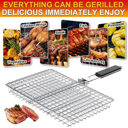 Grill Baskets for Outdoor Grill|Stainless Steel Large Grilling Basket with Removable Wooden Handle|Fish Grilling Basket Grilling for Meat,Steak,Vegetables & Seafood| Grilling Gifts for Dad/Men,Perfect Grilling Accessories