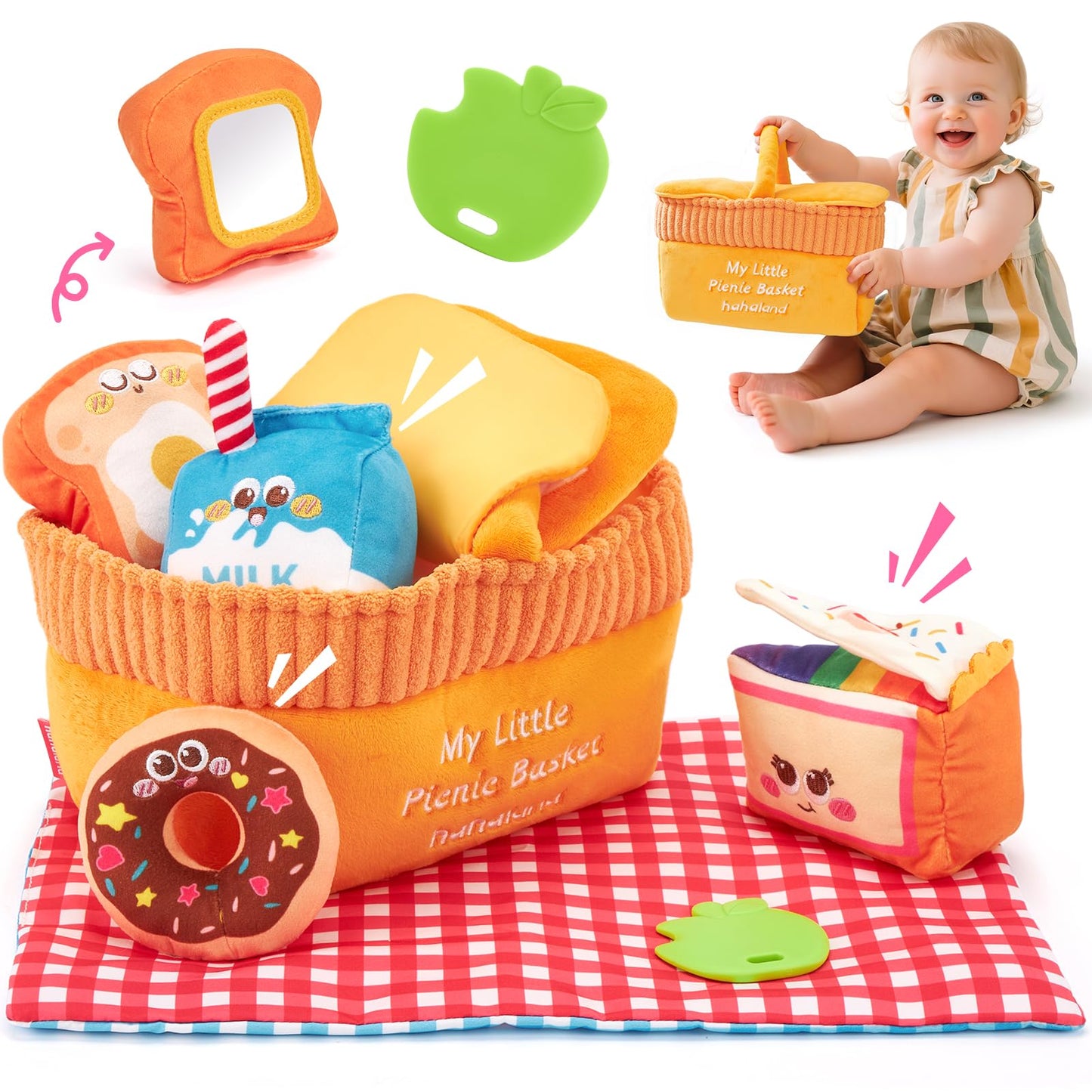 Hahaland Baby Toys 6-12 Months – Picnic Basket Sensory Toy with Crinkle, Rattles, Teether & Mirror, Montessori Play Food Plush for Early Development, Christmas Gifts for 1+ Years Boys & Girls