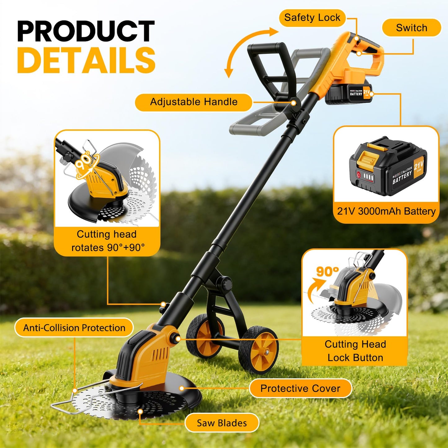21V 800W Brushless Cordless Weed Wacker, 12 Inch Electric Weed Eater with Wheels, 2×3000mAh Batteries Included & 4 Cutting Blades for Lawn Garden Yard Maintenance