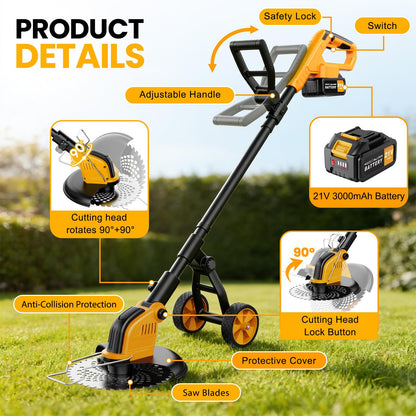21V 800W Brushless Cordless Weed Wacker, 12 Inch Electric Weed Eater with Wheels, 2×3000mAh Batteries Included & 4 Cutting Blades for Lawn Garden Yard Maintenance