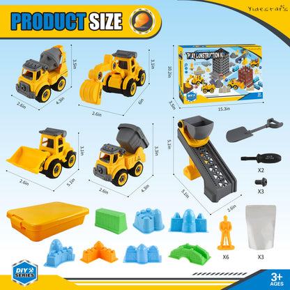 YIDESTARS Construction Sandbox with Lid - 4 Vehicles with 1 Conveyor, 8 Castle Molds, 6 Figures & 3lbs Moldable Sand - Preschool Sensory Bin for Fine Motor Skills, Ages 3-6