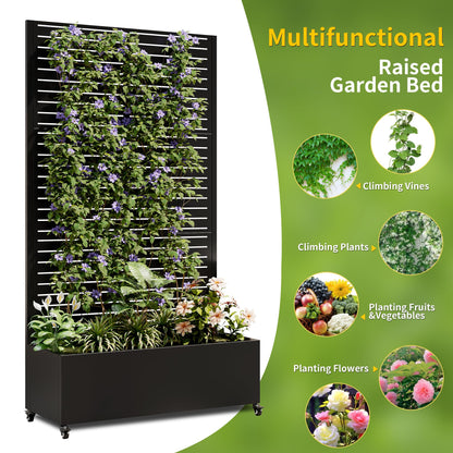 FLOHOVER 73" Metal Planter Box with Trellis, Outdoor Raised Garden Bed with Lockable Wheels & Drainage Holes, Galvanized Steel Privacy Screen Trellis Planter for Climbing Plants Vines Flowers