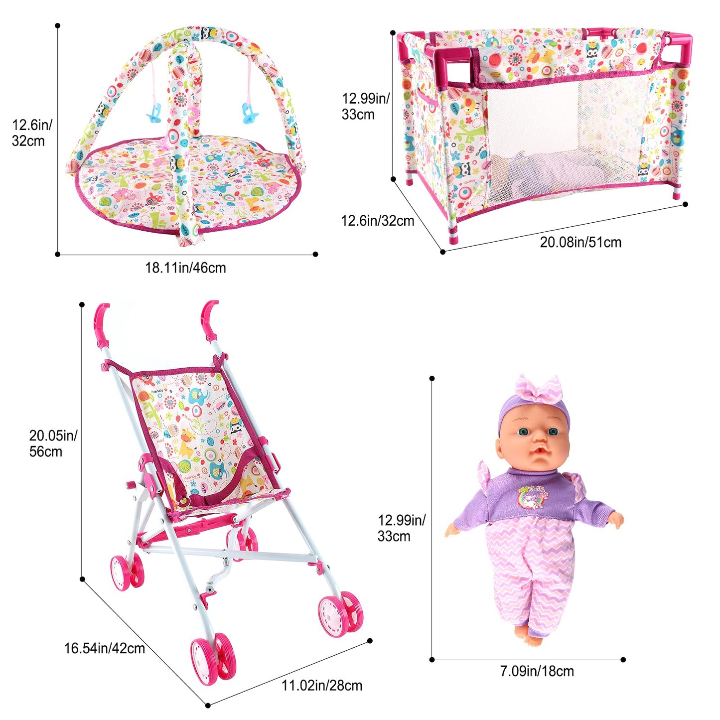 deAO Kids Baby Doll Stroller Nursery Role Play Set with a Variety of Feeding Toy and Play Mat Travel Cot Baby Carrier Stroller and Travel Bag