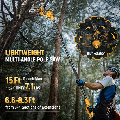Takuoo 2-IN-1 8 Inch Electric Pole Saw, Mini Chainsaw Cordless with Extension Pole, 21V 2×4.0Ah Battery Powered Polesaw, 15FT Max Reach, Brushless Chain Saw for Limb Branch Cutter Tree Trimming