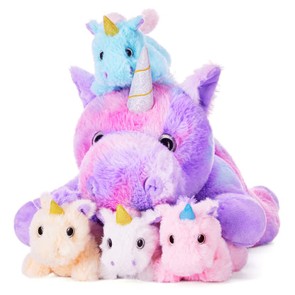 IKASA Mommy Unicorn Toys for Girls Age 4-6,Mom and Baby Stuffed Animal Plush Toy,Small Family Set Toy with Little Babies,Gifts for Kid (Unicorn,18")