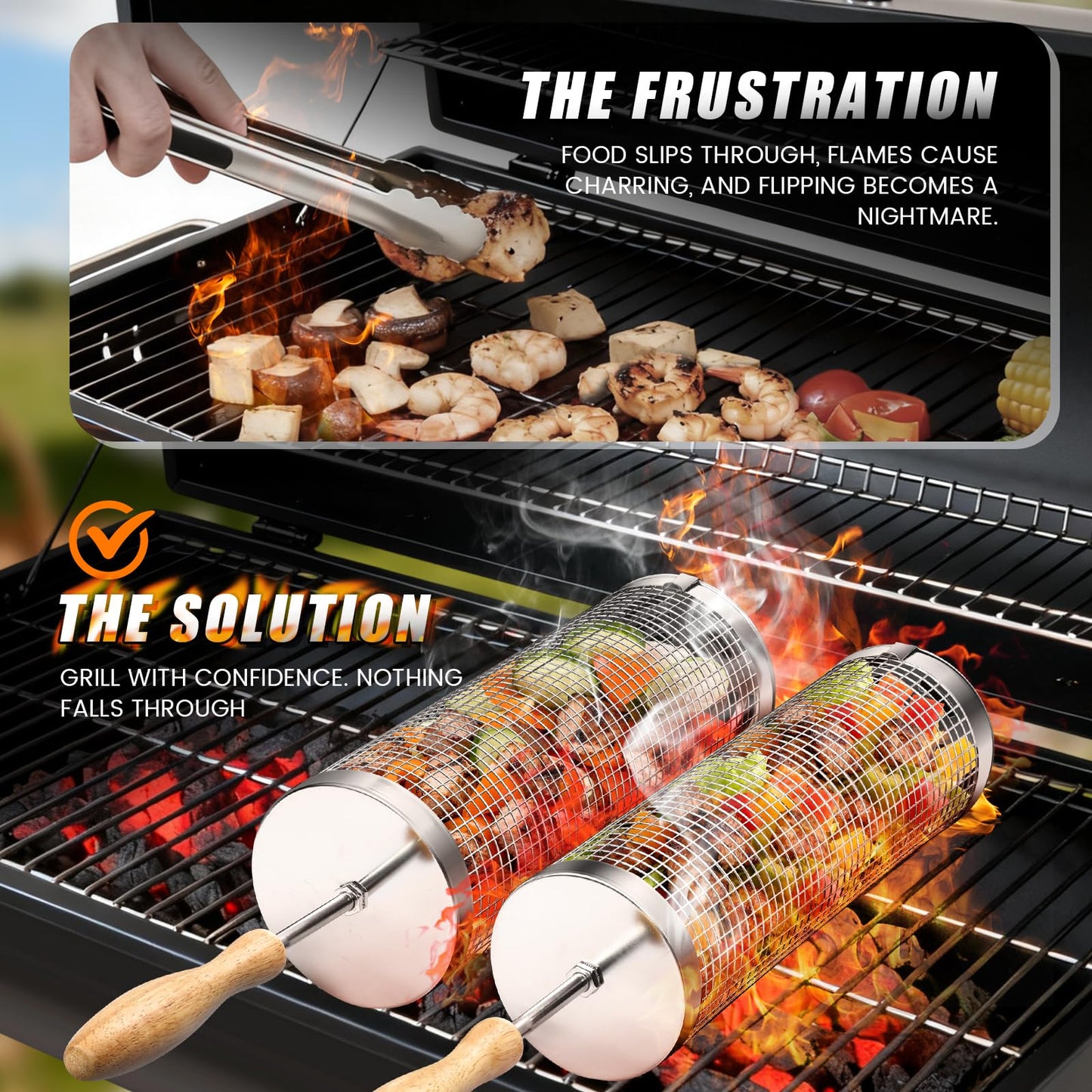 Rolling BBQ Basket for Outdoor Grill: Barbecue Smoker Grilling Baskets for Vegetable, Unique Birthday Christmas Gifts for Men Dad Husband 2pcs