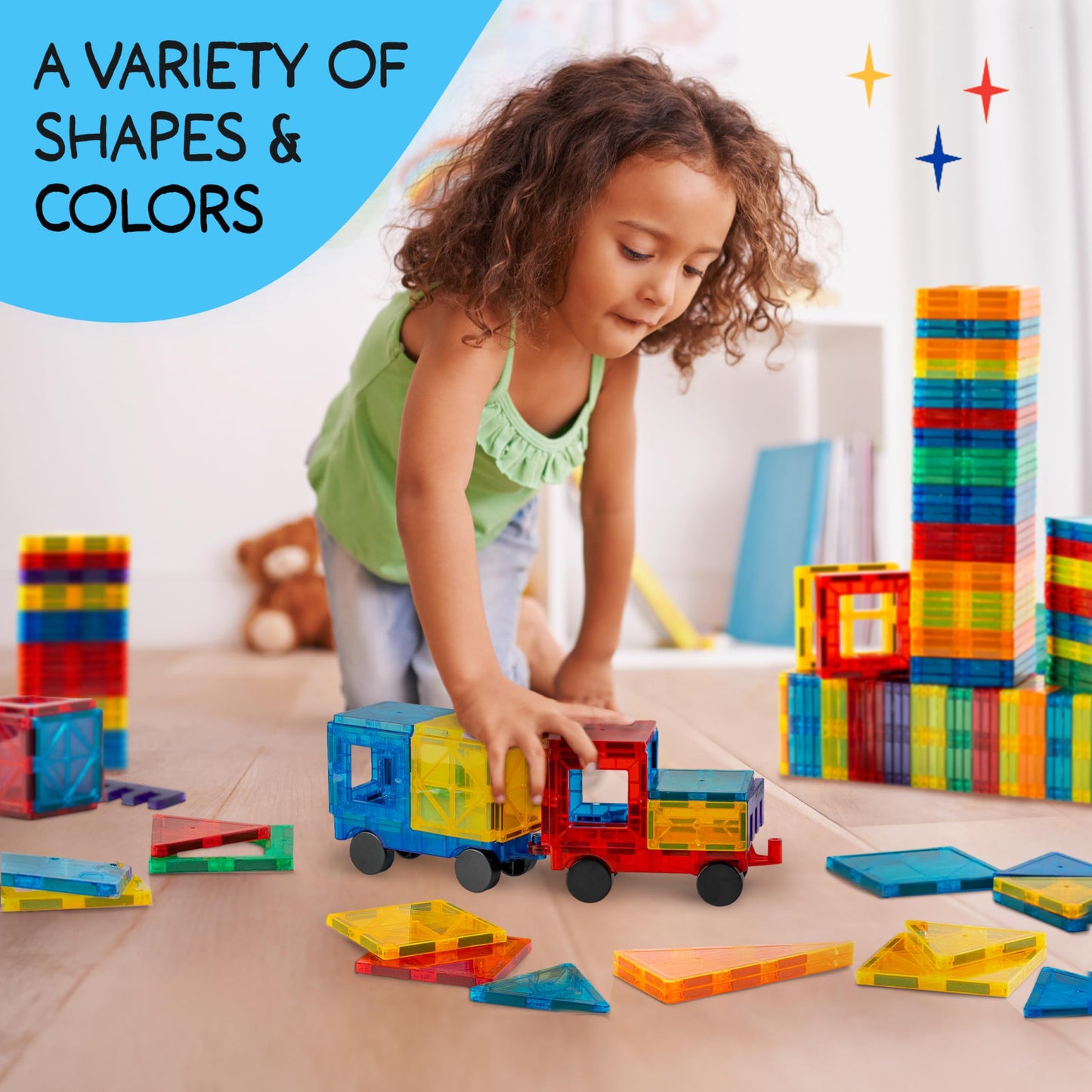 SUNNY AUNTIE Magnetic Tiles 123 PCS with 2 Cars & Storage Bag – Magnetic Building Tiles STEM Toy for Kids Ages 3-8, Magnet Construction Set for Boys & Girls