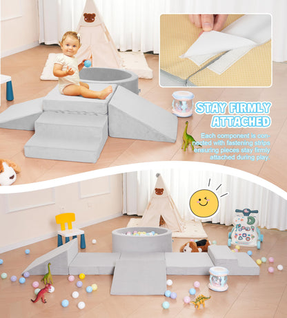 Elftopia Foam Climbing Blocks with Ball Pit & Stairs for Toddlers Aged 1-3 -Soft Playset for Indoor Crawling, Foam Playground Set for Baby to Active Playing Inside -(Balls NOT Included),Grey