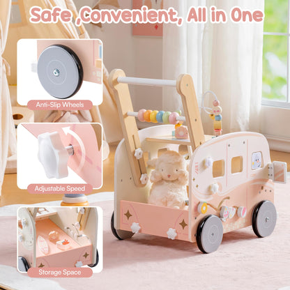 ROBOTIME Wooden Baby Walker, Baby Push Walker, Activity Center Toys, Ajustable Speed Multi-Functional Baby Walker with Wheels for Babies Learning to Walk (Pink)