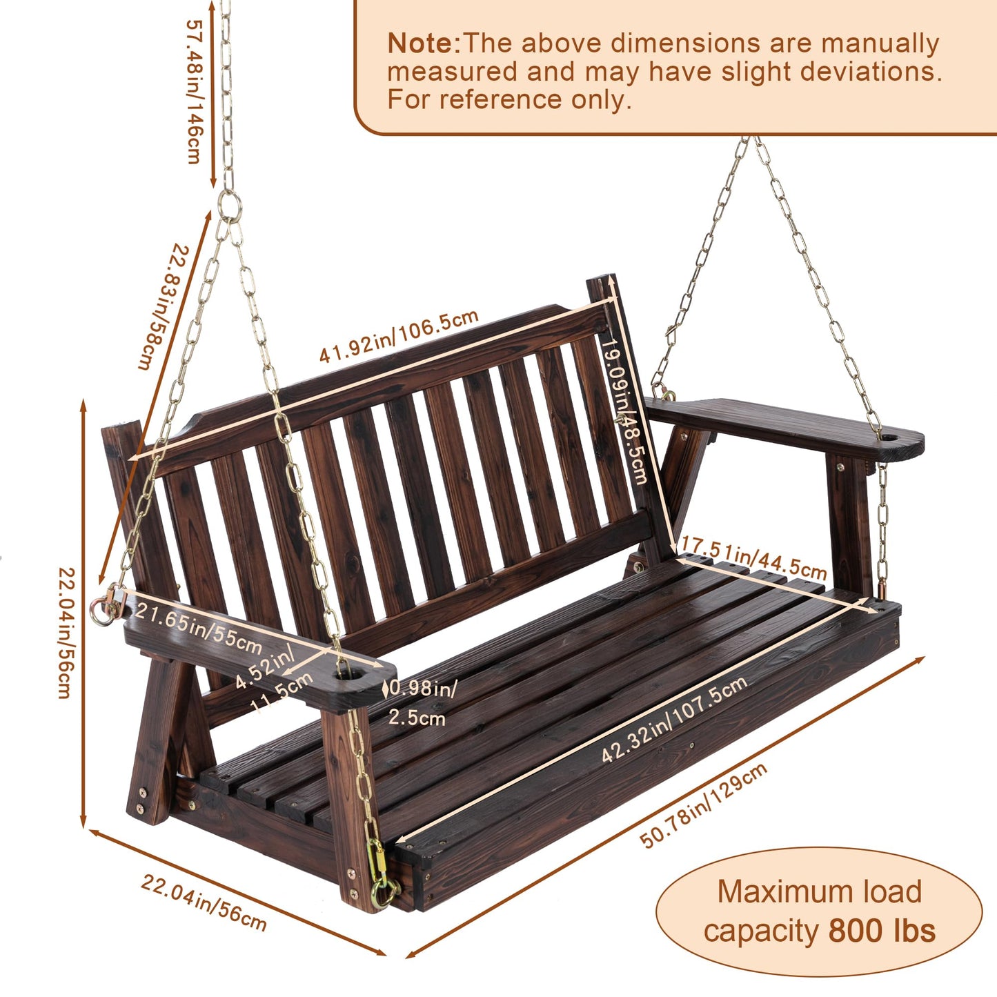 Anraja Wooden Porch Swing 2-Seater Bench Swing with Hanging Chains Heavy Duty 800 LBS for Outdoor Patio Garden Yard, Large 4 Ft, Dark Brown