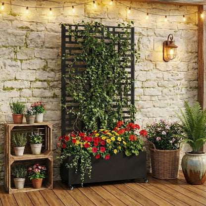 Hubxinly 70.87x35.43x15.75 Inch Metal Planter Box with Trellis and Wheels Raised Garden Bed with Drainage Holes Privacy Planters Suitable for Climbing Plants and Vegetables (02)