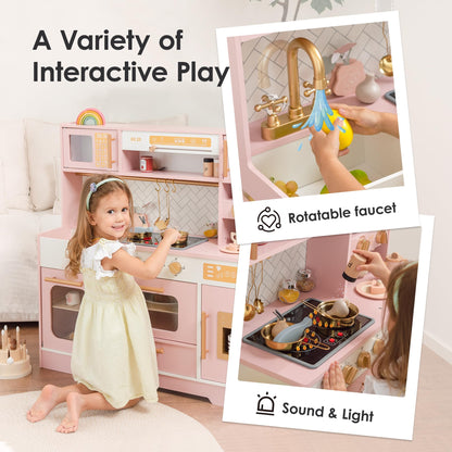 Pink Wooden Play Kitchen for Kids– Realistic Appliances, Storage & 15 Fun Accessories for Inspiring Pretend Play (Ages 3+)