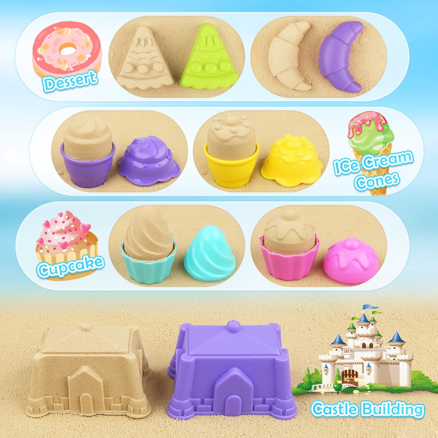 Dreamon Collapsible Beach Toys Set for Kids 3-10, Collapsible Sand Bucket with Beach Molds and Mesh Bag, 2 Pack Shovels Set Ice Cream Sand Toys for Beach, Sandbox Travel Toys for Kids Toddlers Girls