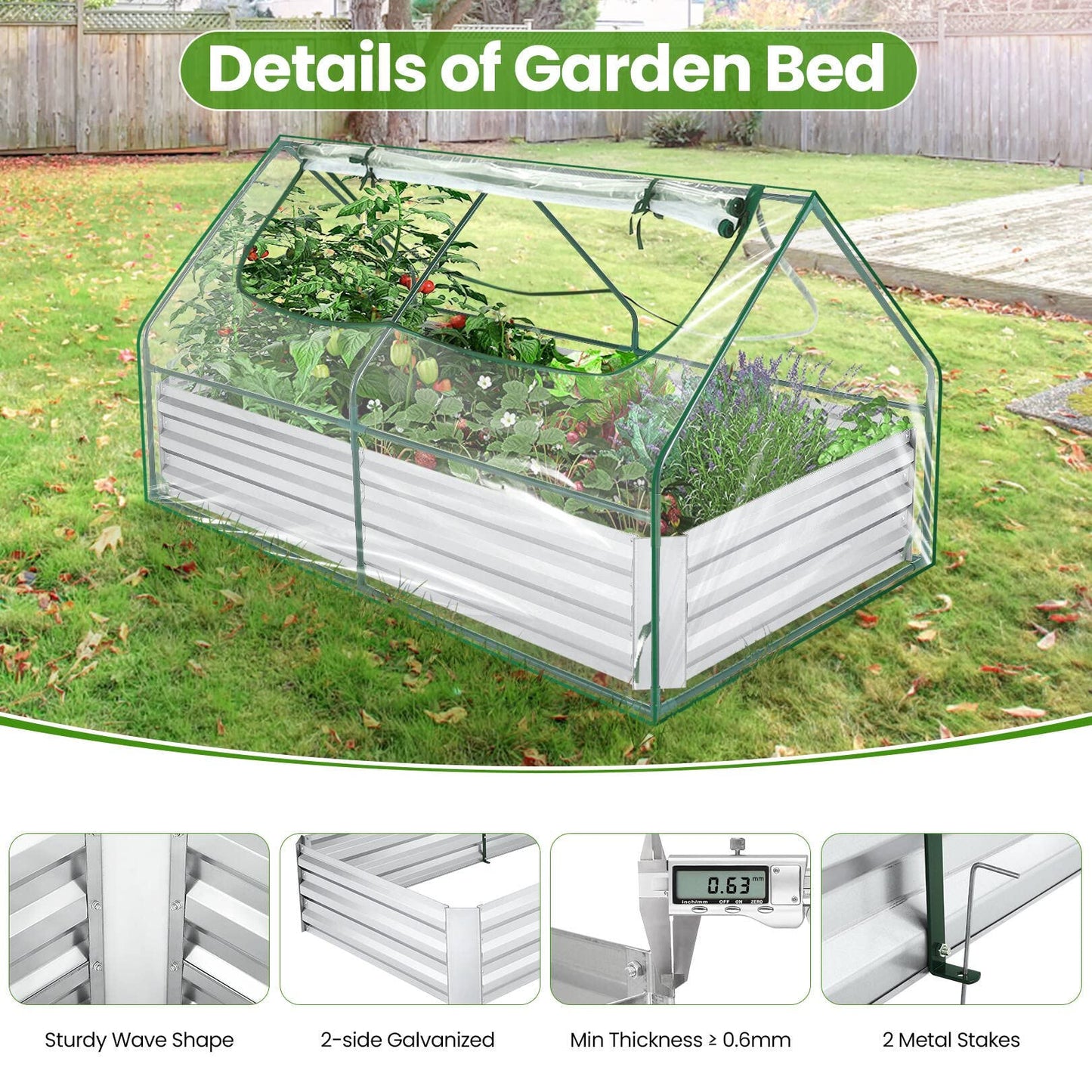 SEJOV 6x3x1ft Galvanized Raised Garden Bed with Cover & 2 Large Windows, Mini Greenhouses for Outdoors, Metal Planter Box Kit for Vegetables Flowers Herbs, 1 Pair of Gloves Included, Clear