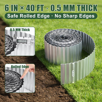 FEED GARDEN Heavy Duty Galvanized Steel Garden Edging 6 Inch x 40 Feet – Rust Resistant Metal Landscape Border, No-Dig Flexible Lawn Edging for Flower Beds, Yard & Walkways