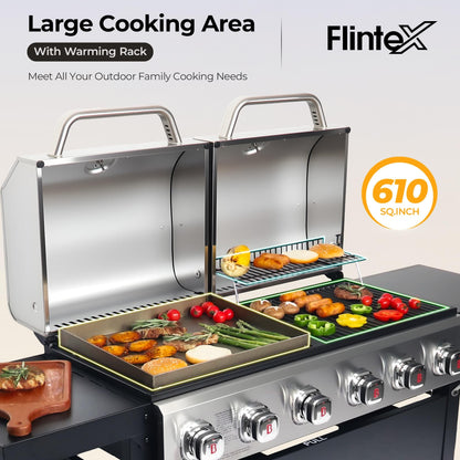 Flintex 6 Burner Propane Gas Grill Griddle Combo with Porcelain-Enameled Cast Iron Grates & Cast Iron Pan, Dual Outdoor BBQ Grill With Flat Top Griddle for Backyard Barbecue, 610 sq.in.