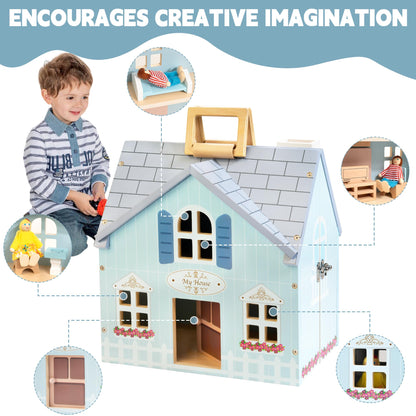 WOODMAM Foldable Wooden Dollhouse with 2 Dolls & Pet Set, 20PCS Furniture Wooden Doll House for Girls Age 3-6, Portable Pretend Play Toy, Christmas Birthday Gift for Toddlers