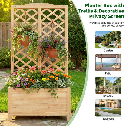 UrGROWA Wooden Raised Garden Bed with Trellis, Freestanding Planter Box with Drainage for Vines Climbing Plants Flowers Herbs, Elevated Gardening Planter for Backyard Balcony Patio