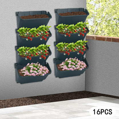 Liffshsy Vertical Wall Planter, Wall-Mounted Living Garden Planter with 16 Plastic Pots Stackable Wall Hanging Flower Pot Clasp Design for Vegetables Flowers (Army Green 16)