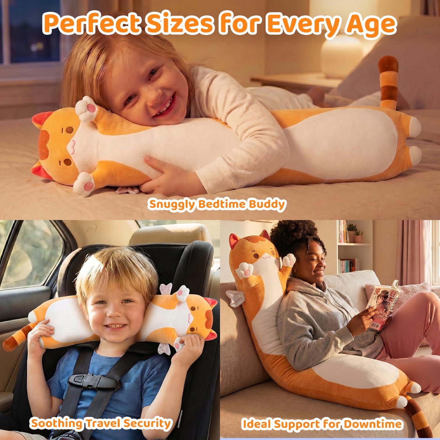 Mewaii Long Cat Plush 5 Sizes, 120% Extra Filling Giant Plushness Kids Body Pillow, Kawaii Cute Brown Cat Stuffed Animals Plushies, Big Long Body Pillow Cat Plush Gift for Girls 36”