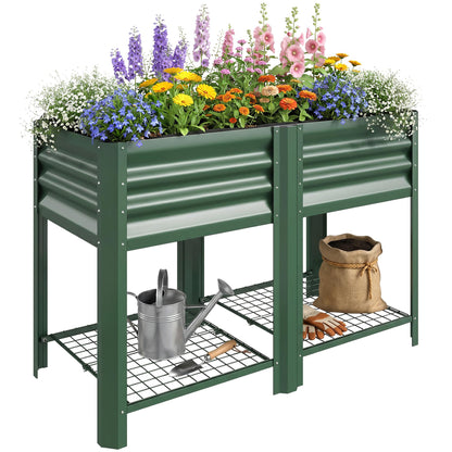 Outsunny Galvanized Steel Raised Garden Bed with Storage Shelf and Bed Liner, Elevated Planter Box with Legs for Flowers, Vegetables, and Herbs, for Outdoor Patio Yard, Glove Included, Green