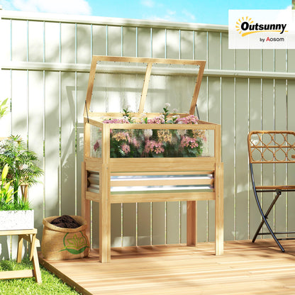 Outsunny Wooden Raised Garden Bed with Flip-Up Greenhouse Top, Raised Garden Bed with Legs and Bed Liner, Elevated Planter Box for Flowers, Vegetables, Herbs, Natural
