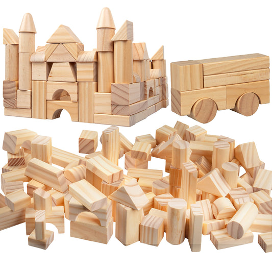 Wooden Blocks Set - 100 Pc Natural Colored Wood Building Block Toys- 100% Real Wood, 14 Different Shapes, Great Gift for Kids or School Project, Hands On Indoor Activity Play- Build, Stack and Create